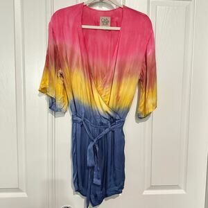 Chaser Women’s wrap tie dye pastel rainbow romper size S V neck belted waist